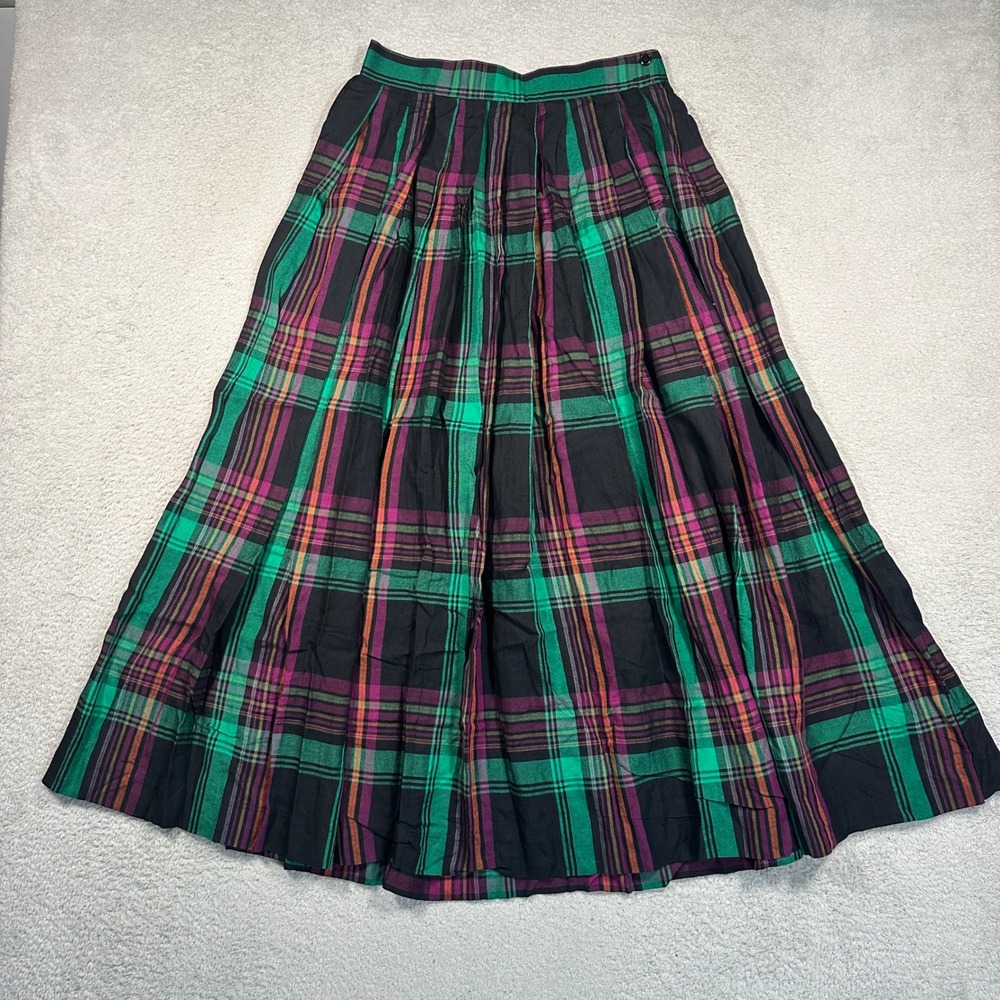 Vintage Liz Claiborne Pleated Maxi Skirt Womens 6 Green Plaid Rayon Wool Blend